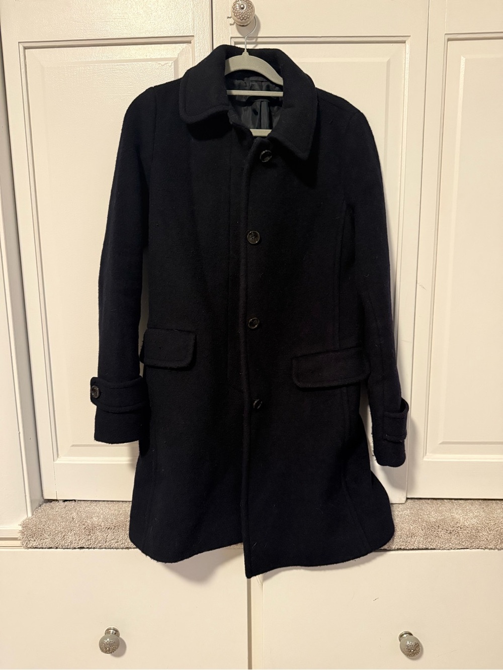 Black Wool Blend Overcoat - Classic Button Front